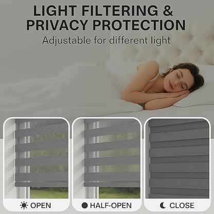 Shadesu Custom Size Zebra Blinds for Windows, 71" W x 72 H, Grey, Dual Layer Free-Stop Zebra Shades, Light Control for Day and Night, Sheer Blinds for Indoor Windows, Bedroom, Kitchen