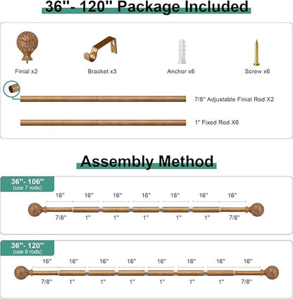 Boho Wood Curtain Rods for Windows 66 to 120 inch,1" Adjustable Heavy Duty Window Curtain Rod with Imitation Wood Grain Finials,Rustic Decorative Drapery Rods Set,Size:36-120'',Natural Wood