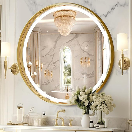 Gold Round Mirror 32 Inch, Metal Framed Frontlit Bathroom Mirror, Circle Mirrors for Wall, Led Light Mirror with Anti-Fog, Memory Function, 3 Color Temperature, Makeup Mirrors Dimmable