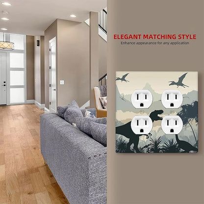 Outlet Covers Prehistoric World Dinosaur Cartoon Fores 2 Gang Double Duplex Decorative Light Switch Covers Electrical Wallplates Socket Faceplate for Kids Room Nursery Decor