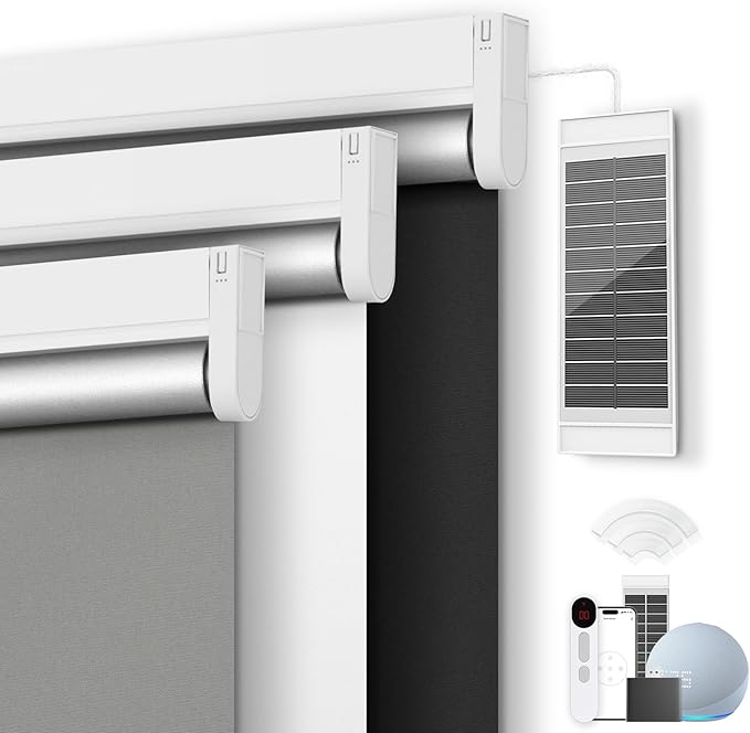 Motorized Blackout Smart Roller Blinds with Remote Control & Solar Panel - Automatic Electric Shades for Windows, Compatible with Alexa - White,32" W*72" H