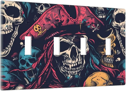 Light Switch Covers Pirate Colourful Skeleton Red Hat Quad Toggle Electrical Faceplate 4 Gang Wall Plate Decorative Switch Plates For Farmhouse Cabin Decor