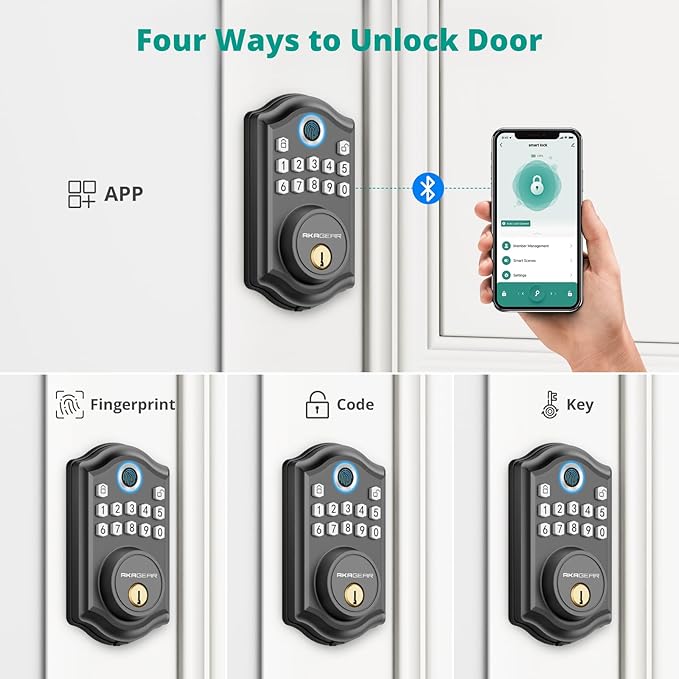 DS10 Pro Keyless Entry Door Lock with Handle Set, Smart Front Door Locks Set, Electronic Keypad, Fingerprint Deadbolt, Bluetooth APP Control, Auto-Lock & One Touch Locking, Black