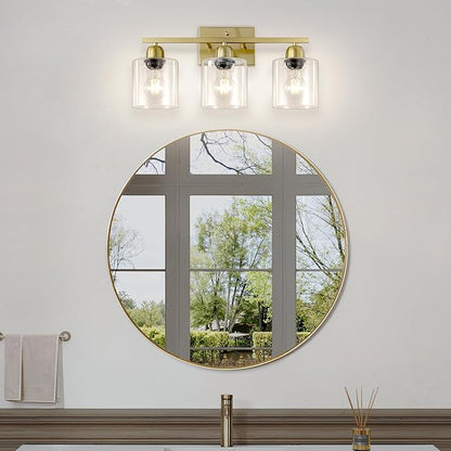 Modern Brushed Gold 3 Light Bathroom Light Fixtures, 19 inch Vanity Lights for Bathroom with Clear Glass, Bathroom Lighting Fixtures Over Mirror for Mirror Kitchen Living Room