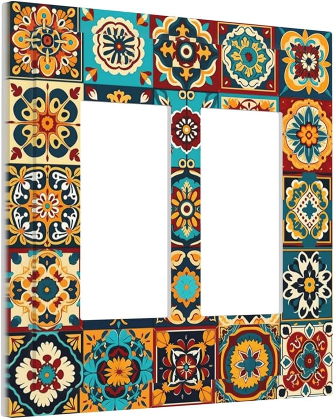 Mexican Talavera Ceramic Tile Moroccan Boho Decorative Outlet Covers 2 Gang Double GFCI Rocker Electrical Wall Panels Light Switch Cover Plate for Bathroom Kitchen Decor