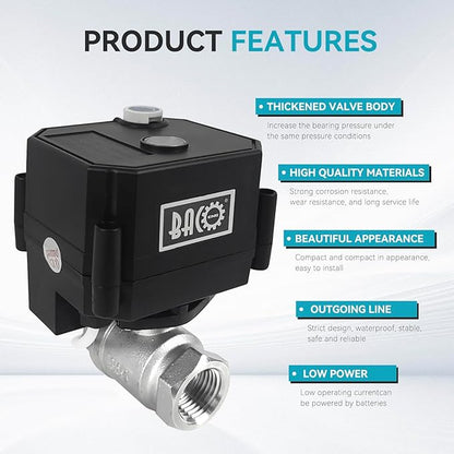 BACOENG Motorized Ball Valve, 2 Wire Auto Return 1/2" Stainless Steel Electrical Ball Valve with Full Port, AC/DC9-24V Manually Closable (Normally Closed), Black