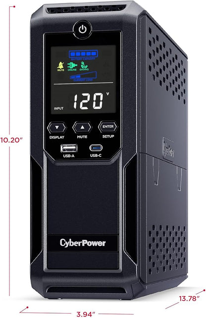 CyberPower CP1350AVRLCD3 Intelligent LCD UPS System, 1350VA/815W, 12 Outlets, 2 USB Ports, AVR, Mini Tower, Black