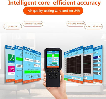 Air Quality Monitor Indoor, 8 in 1 Formaldehyde Detector, voc Meter, Detect Indoor HCHO,TVOC,AQI,PM2.5,PM10,PM1.0,Temperature and Humidity Tester. Colorful LCD Screen & USB Charging