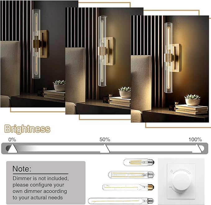 YUYI Wall Sconce, 22.8'' Brass Sconce Wall Lighting, Gold Bathroom Wall Light Fixture with Clear Glass Shade, Indoor Wall Sconce for Bathroom Vanity, Living Room, Bedroom, Hallway, Fireplace