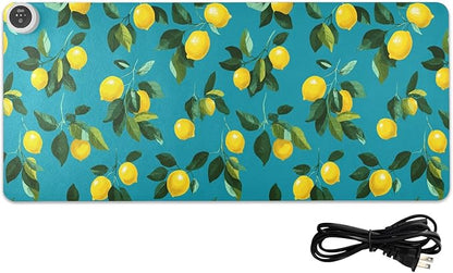 Heated Desk Pad Mouse Pad 31.5x13 Inch PU Leather Desk Mat with 3 Heat Levels Large Mouse Gaming Computer Laptop Mat Teal Lemons