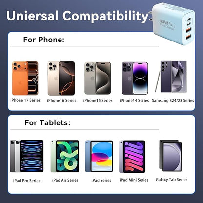 USB C Wall Fast Charger Block, 40W 4-Port Type C Chargers Fast Charging Blocks for Phone 17/16/15/14/13/12 Pro Max, Pad, Galaxy S24/23-2Pack Gradient Blue
