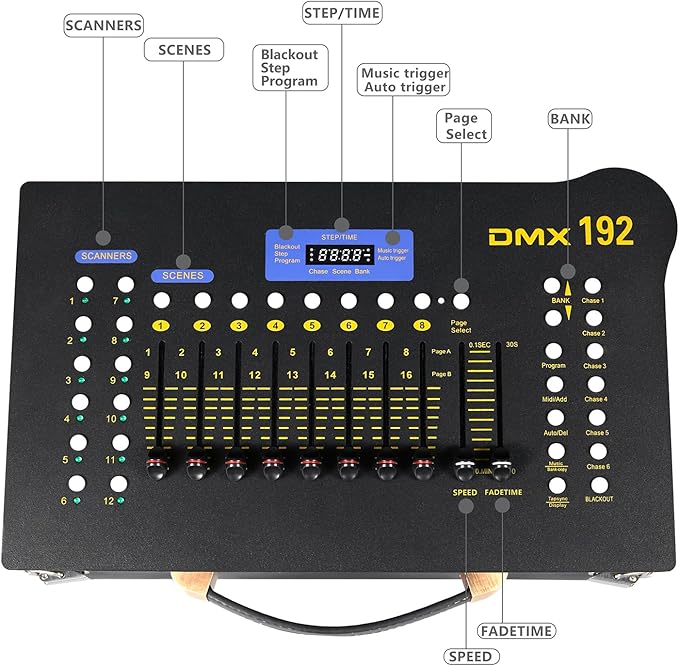 DMX512 Controller Stage DJ Light Console Lighting Mixer Board Console Wireless DMX Transmitter Receivers Set 192 Channels for Party DJ Disco Lights Show Night DJs KTV Bars Moving Heads