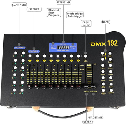 DMX512 Controller Stage DJ Light Console Lighting Mixer Board Console Wireless DMX Transmitter Receivers Set 192 Channels for Party DJ Disco Lights Show Night DJs KTV Bars Moving Heads