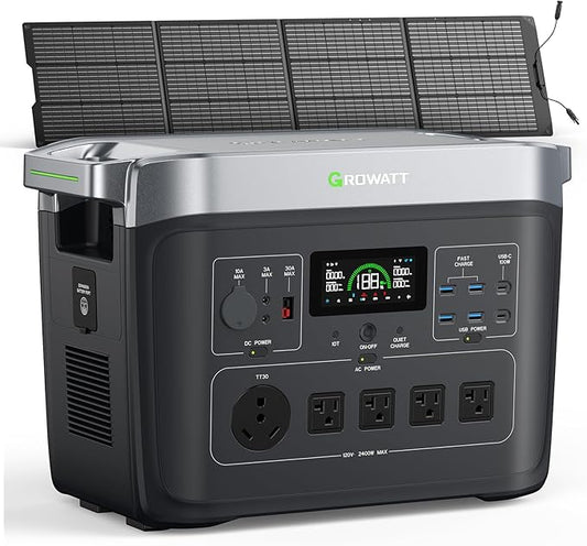 GROWATT Portable Power Station with 200W Solar Panel，Black Infinity 2000 Electric Solar Generator，2048Wh LifePO4 Battery, 2200W AC Output for Home Use, Outdoor Camping, RVs and Emergency Backup