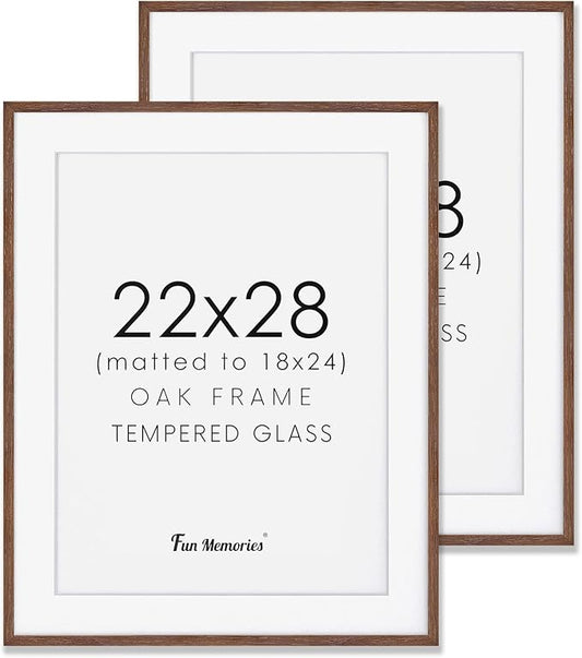 Fun Memories Oak Wood Picture Frame 22x28, 22 x 28 Poster Frame for Wall, 22"x28" Wood Frames Photo Frames in Walnut, Tempered Real Glass, 22x28 Frame with Mat for 18x24 (Walnut, 2 Pack)