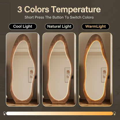 WoodsWhisper 69"x 24" Wavy Mirror Full Length,Lights Irregular led Full Length Mirror, Wavy Wall Mirrors,Shatter-Proof Hanging or Leaning Against Wall for Cloakroom/Bedroom/Living Room,Walnut