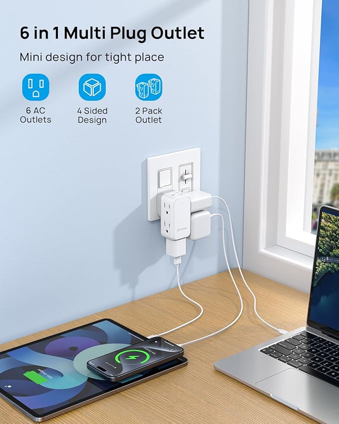 TROND Wall Outlet Extender 2 Pack - Multi Plug Splitter with Rotating Plug, 6 AC Power Adapter, Cruise Essentials, Small Outlet Extension for Travel Office Home Dorm Room