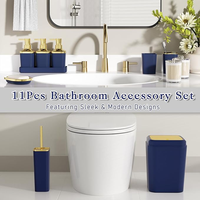 Bathroom Accessory Set, 11PC Bathroom Set, Navy Blue Bathroom Accessories, Bathroom Accessories Set with Trash Can, 3PC Soap Dispensers and Toilet Brush