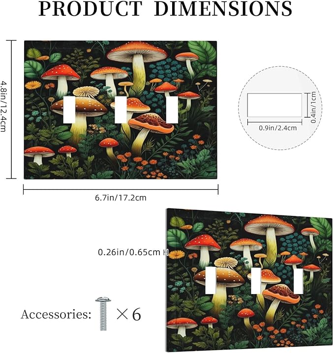 Decorative Light Switch Plate Covers Boho Red Mushroom Green Leaf Plants Floral 3 Gang Wall Plate Switch Cover Plate Triple Toggle Jumbo Electrical Faceplate for Bedroom Home Decor