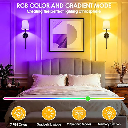 OCATO Battery Operated Wall Sconce: 10000mAh Wireless Wall Sconces Set of Two Rechargeable Lamp Dimmable Magnetic Lights with 7 RGB Colors and Remote Home Decor Walls Decor for Bedroom Living Room