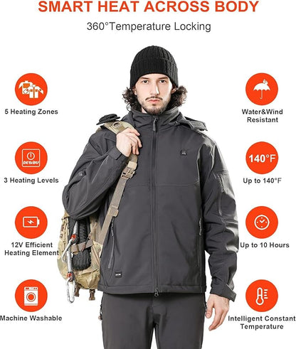 DEWBU Soft Shell Heated Jacket for Men with 12V Battery Pack and Detachable Hood Outdoor Electric Heating Coat