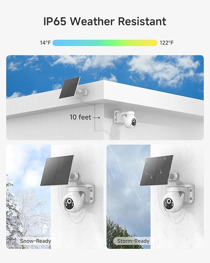 Noorio Solar Security Cameras Wireless Outdoor, 2K Pan/Tilt 360° View Solar/Battery Powered 2.4G WiFi Cameras for Home Security w/Color Night Vision, 2-Way Audio, SD/Cloud Storage