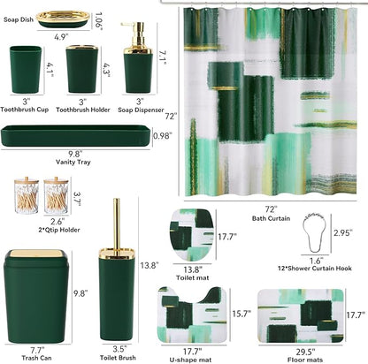 Bathroom Accessories Set - 25PC Bathroom Set with Shower Curtain and Rugs, Green Bathroom Set, Bathroom Accessory Set with Press-on Lid Trash Can, Soap Dispenser and Qtip Holders