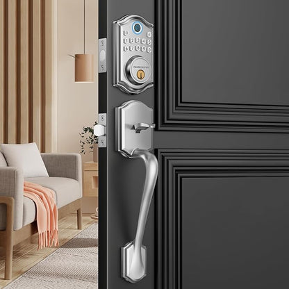 DS10 Keyless Entry Door Lock with Handle Set - Fingerprint Door Locks, Electronic Keypad Deadbolt, Smart Locks for Front Door, Auto-Lock & One Touch Locking, Easy Installation - Satin Nickel