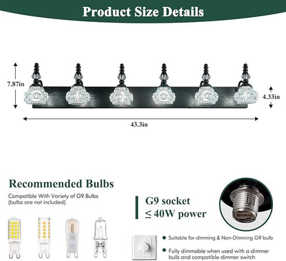 Modern Crystal Bathroom Vanity Light Black Vintage Bathroom Light Fixtures 6-Lights Glass Crystal Vanity Lights