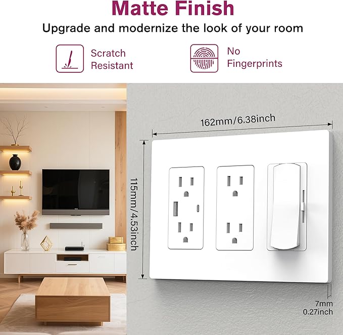 EMITEVER 3-Gang Screwless Decorator Wall Plate Cover for Receptacle Outlet & Light Switch, Standard Size 4.53"H x 6.38"W, Unbreakable Thermoplastic Faceplate, UL Listed, Matte White 5-Pack