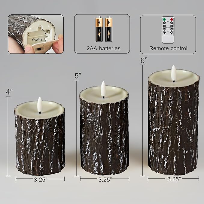 Comenzar Flameless Candles Battery Operated Candles Pine Bark Effect Real Candle Flickering 3D Wick Electric Home Decor Festival LED Candle with Timer 3Pack