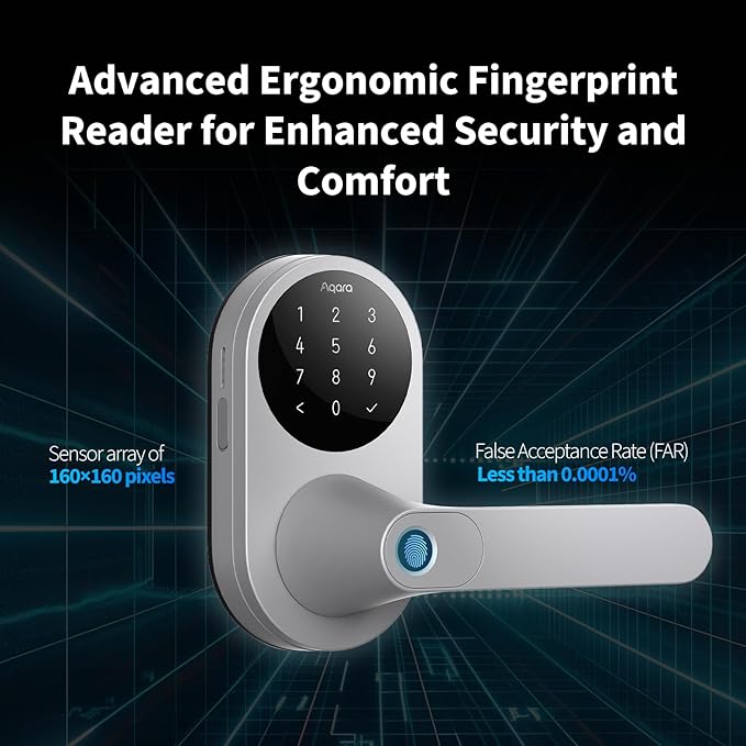 Aqara Smart Lock U300, Fingerprint Keyless Entry Door Lock with Handle, Matter Over Thread with Apple Home Keys, Touchscreen Keypad, Smart Lever Lock Supports Apple Home, Alexa, Google, IFTTT, Silver