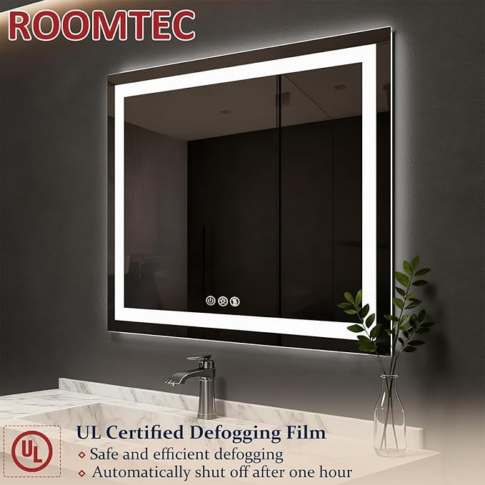 ROOMTEC 88 x 38 Inches LED Bathroom Mirror with Front and Backlit,Anti-Fog,3 Colors and Dimmable Light(Horizontal/Vertical), Silver