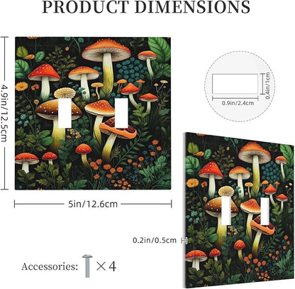 Decorative Light Switch Plate Covers Boho Red Mushroom Green Leaf Plants Floral 2 Gang Wall Plate Double Toggle Switch Cover Plate Electric Dual Device Electrical Faceplate