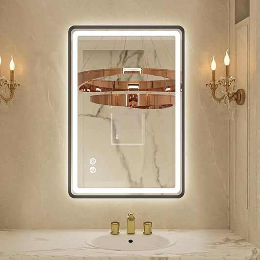 24x32 Inch LED Bathroom Mirror with Lights, Black Framed Bathroom Vanity Mirror with Frontlit & Backlit, Stepless Dimmable, Memory Functions, Anti-Fog, Wall Mounted, 3 Colors