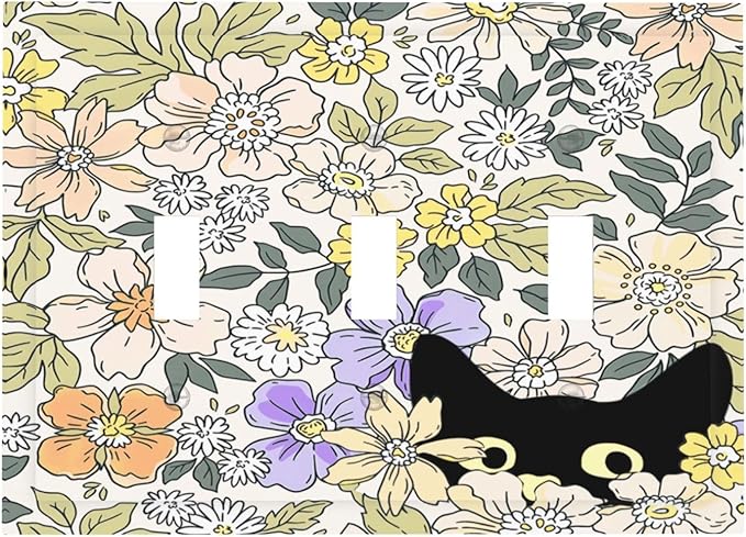 Decorative Light Switch Plate Covers Cute Black Cat in a Flower Patch Botanical Garden 3 Gang Artistic Wall Plate Unique Triple Toggle Light Switch Covers for Bedroom Home Decor