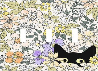Decorative Light Switch Plate Covers Cute Black Cat in a Flower Patch Botanical Garden 3 Gang Artistic Wall Plate Unique Triple Toggle Light Switch Covers for Bedroom Home Decor