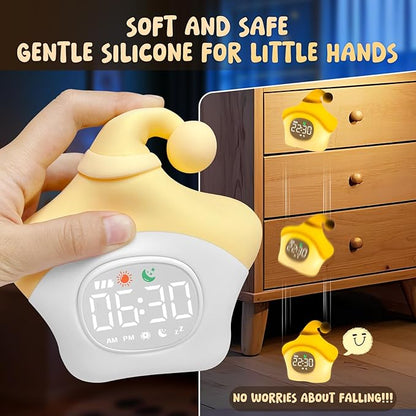 Star Alarm Clock with Night Light for Kids with Sleep Training and Sound Machine, Rechargeable Silicone Lamp OK to Wake Clock，Cute Animal Tabletop Lamp, Perfect Sleep Companion for Boys Girls, Yellow