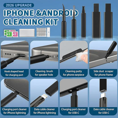 2026 Upgrade Phone Cleaning Kit 47PCS, iPhone Cleaning Kit, Airbud AirPods Cleaning Kit, Keyboard Cleaning Kit, Charging Port Cleaner for Apple Lightning/Android USB-C (Black)