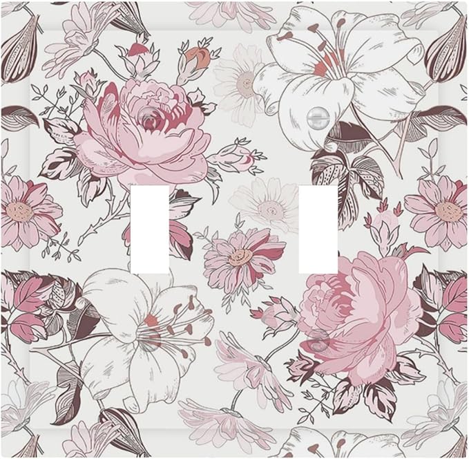 Decorative Switch Plates Modern Watercolor Flower Pink White Wildflower 2 Gang Double Toggle Wall Plate Outlet Light Switch Cover Electrical Faceplate for Bedroom Home Decor