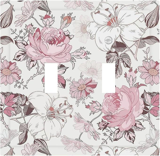 Decorative Switch Plates Modern Watercolor Flower Pink White Wildflower 2 Gang Double Toggle Wall Plate Outlet Light Switch Cover Electrical Faceplate for Bedroom Home Decor