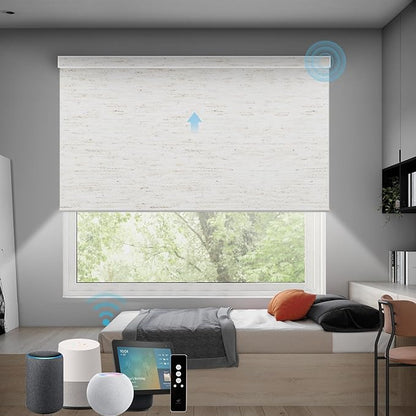 SmartWings Motorized Roller Shades Work with Homekit, 100% Blackout Smart Blinds for Windows, Cordless Remote Control Window Shades, Linen White, Customized Size