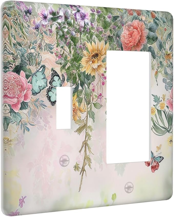 Rustic Floral Watercolor Flower Blossom Butterfly 2 Gang Combo 1 Toggle 1 Rcoker Light Switch Covers Decorative Switch Plates Electrical Switch Plates and Outlet Covers for Home Art Decor 4.5 X 4.5 IN