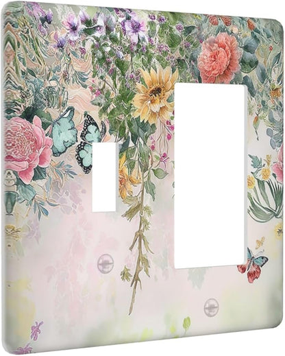 Rustic Floral Watercolor Flower Blossom Butterfly 2 Gang Combo 1 Toggle 1 Rcoker Light Switch Covers Decorative Switch Plates Electrical Switch Plates and Outlet Covers for Home Art Decor 4.5 X 4.5 IN