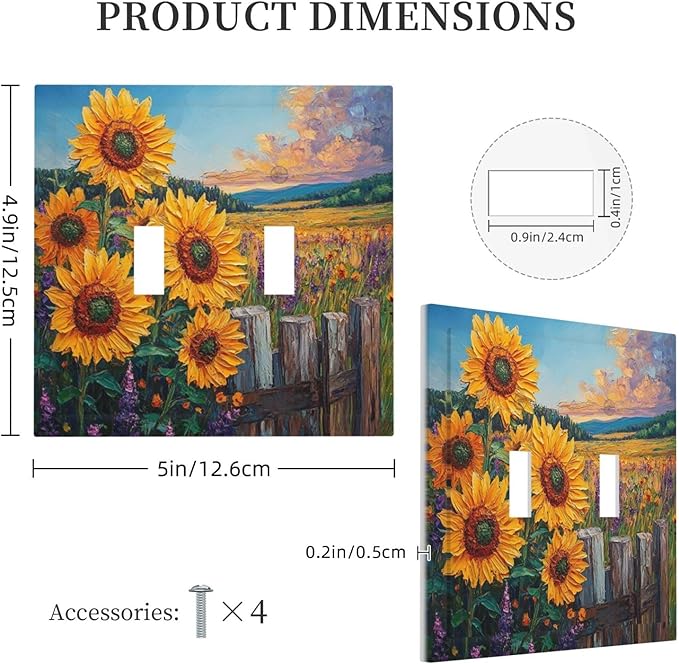 Decorative Light Switch Cover Plate Rustic Wilderness Sunflower Lavender Muzha Oil Painting 2 Gang Wall Plate Oversized Double Toggle Two Switch Wall Cover Plate Faceplate