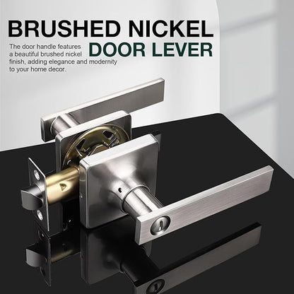 GOBEKOR 3 Pack Privacy Door Levers with Lock - Square Brushed Nickel Lever Door Handles for Bedroom and Bathroom