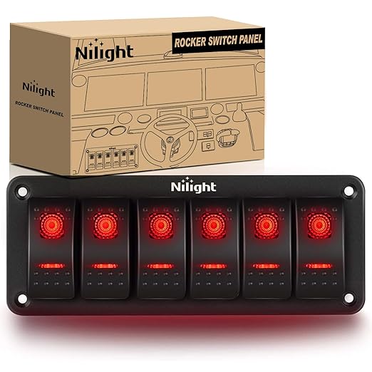 Nilight 6 Gang Rocker Switch Panel 5Pin On Off Toggle Aluminum Holder 12V 24V Dash Pre-Wired Red Backlit Switches for Automotive Cars Marine Boats RVs Truck