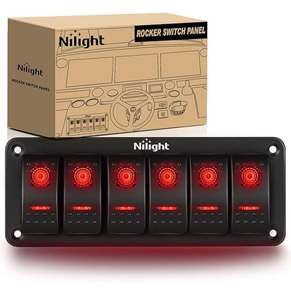 Nilight 6 Gang Rocker Switch Panel 5Pin On Off Toggle Aluminum Holder 12V 24V Dash Pre-Wired Red Backlit Switches for Automotive Cars Marine Boats RVs Truck