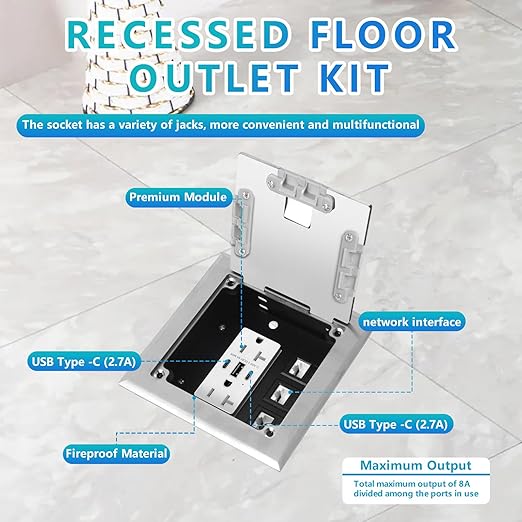 KYHSHJ Recessed Flat Hidden Socket Kit with 2 * 20A Receptacle，8A 1 USB-A Ports &2 USB-C Port+3-Port RJ45 Datacom Receptacle. Internal Height Adjustable，Corrosive Resistant Hardware (Silver)