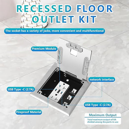KYHSHJ Recessed Flat Hidden Socket Kit with 2 * 20A Receptacle，8A 1 USB-A Ports &2 USB-C Port+3-Port RJ45 Datacom Receptacle. Internal Height Adjustable，Corrosive Resistant Hardware (Silver)